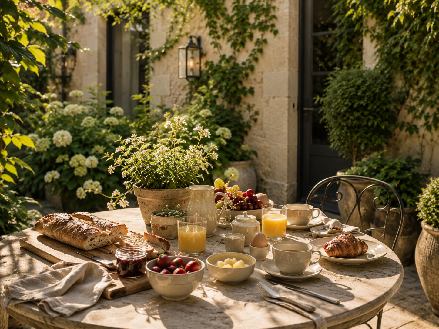 Petit-déjeuner gourmand servi sur la terrasse du gîte