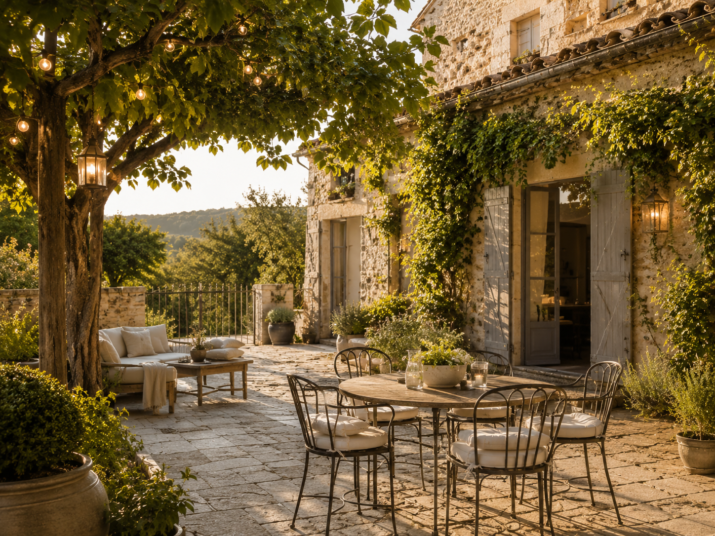 Terrasse ombragée et espace détente du gîte